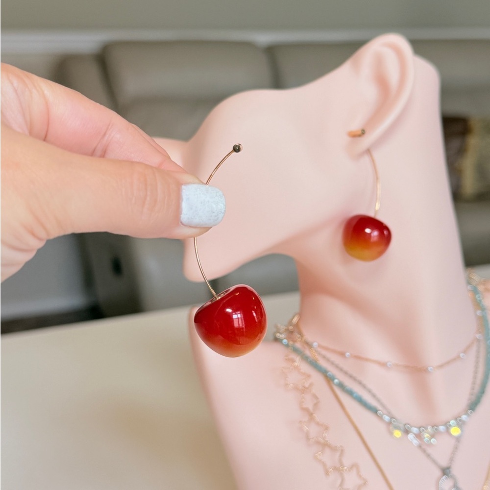 Red-Orange Gradient Cherry Drop Earrings - Picture 5 of 10